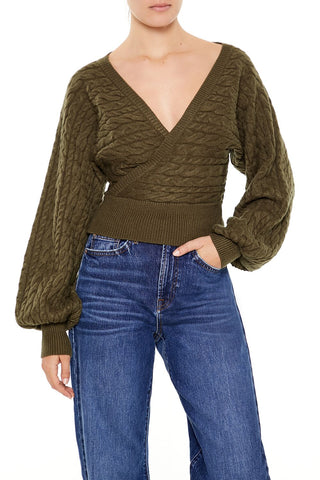Peasant-Sleeve Cable Knit Sweater