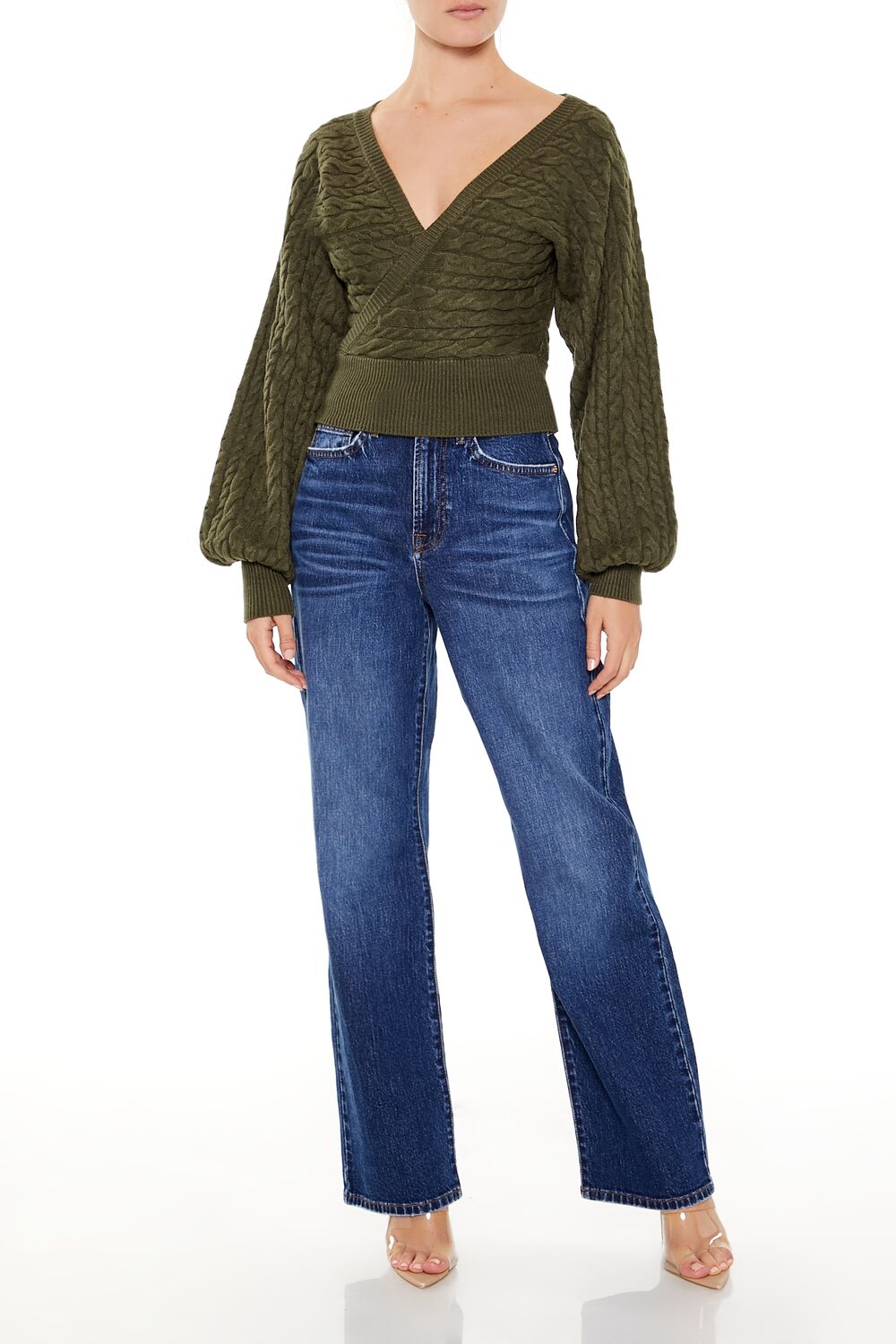  Forever 21 Peasant-Sleeve Cable Knit Sweater - white - Bonton