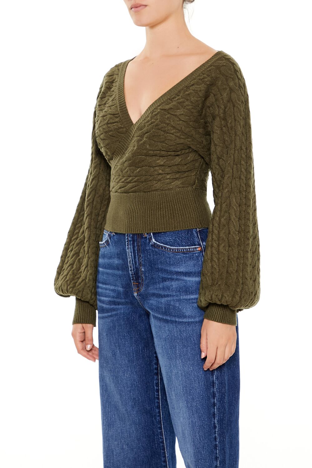  Forever 21 Peasant-Sleeve Cable Knit Sweater - white - Bonton