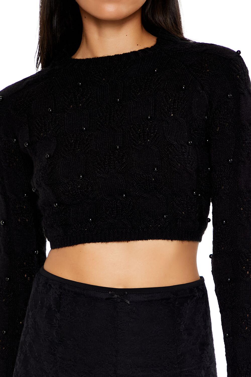  Forever 21 Beaded Cropped Cable Knit Sweater - black - Bonton