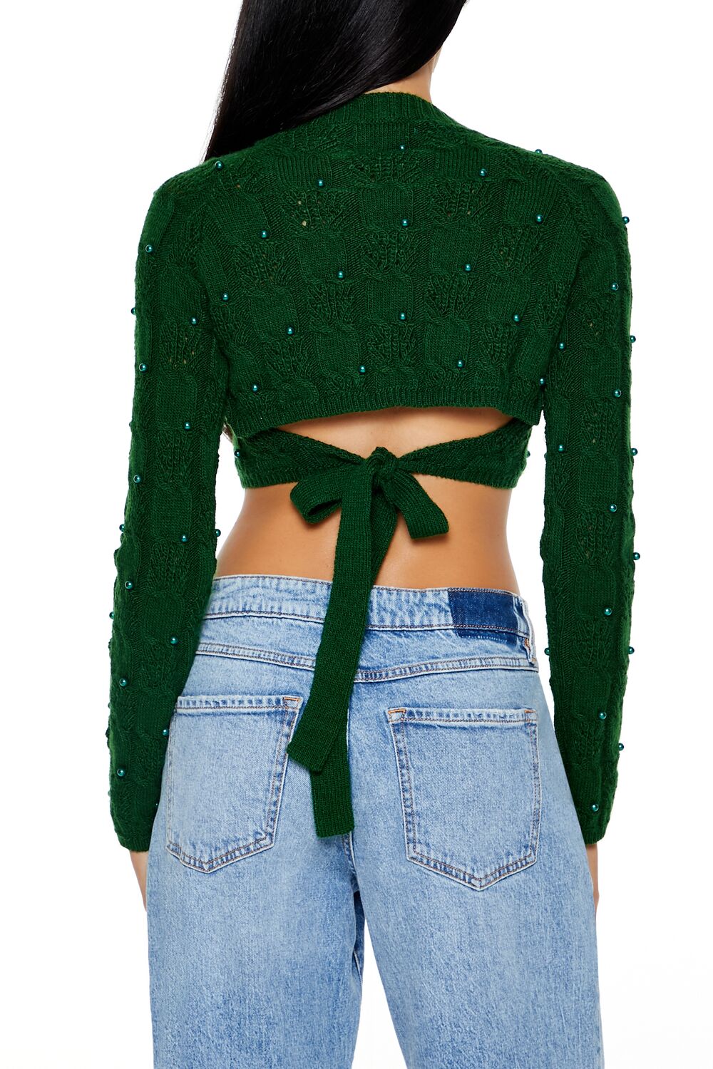  Forever 21 Beaded Cropped Cable Knit Sweater - black - Bonton