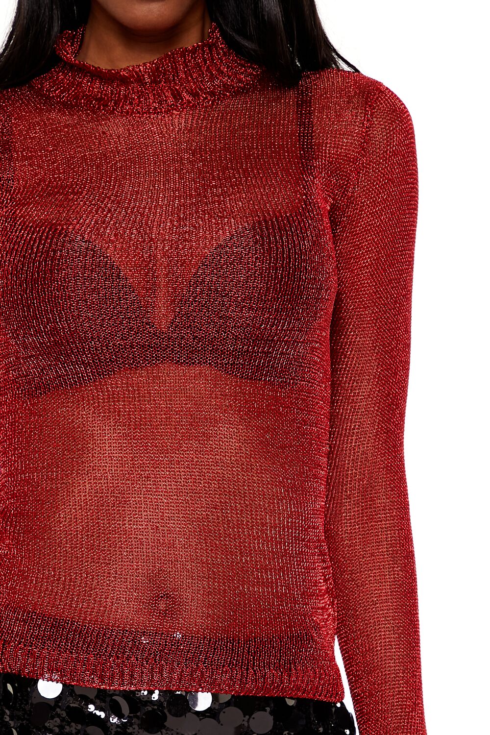  Forever 21 Sheer Glitter Turtleneck Sweater - dark red - Bonton