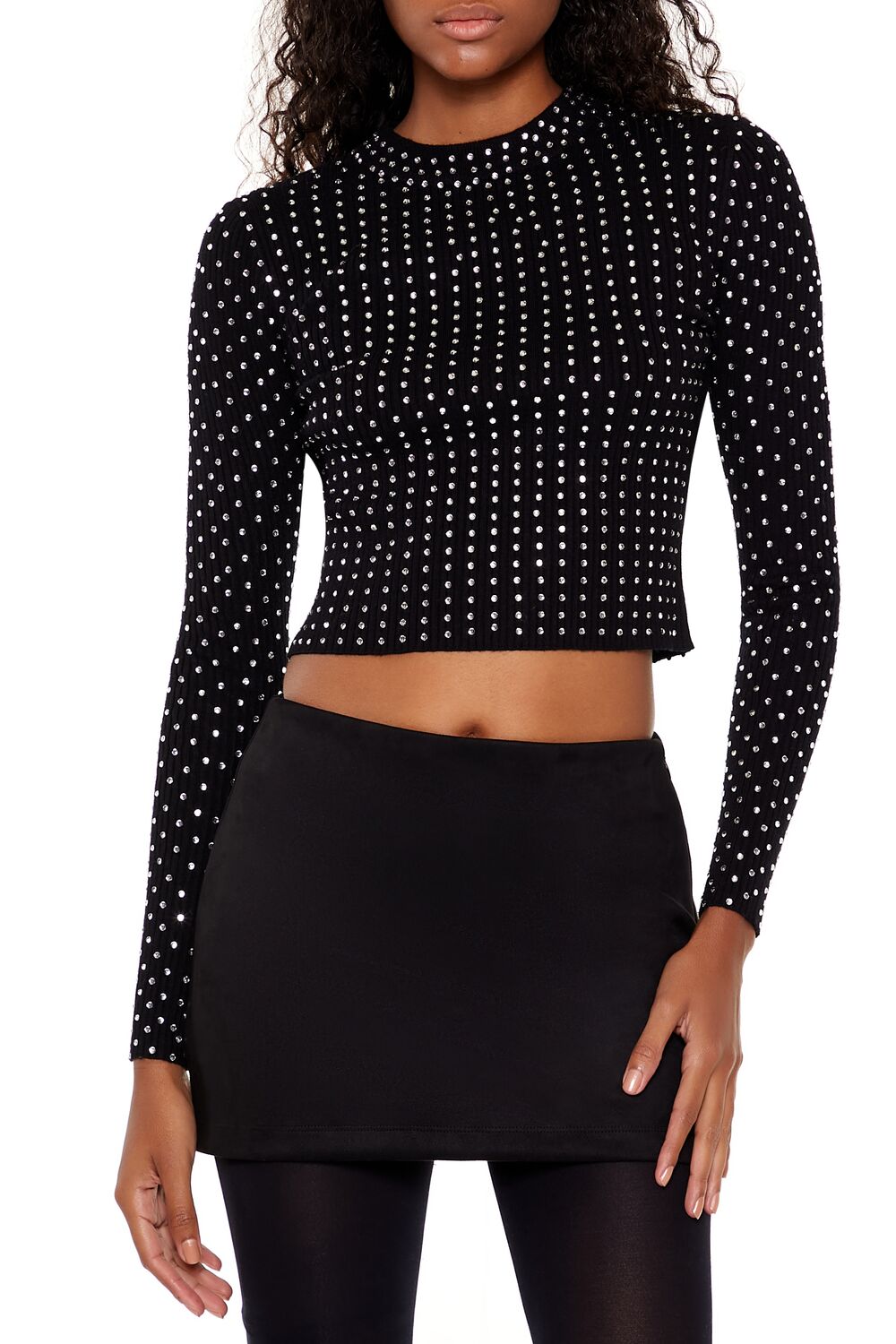  Forever 21 Rhinestone Cropped Sweater - black - Bonton