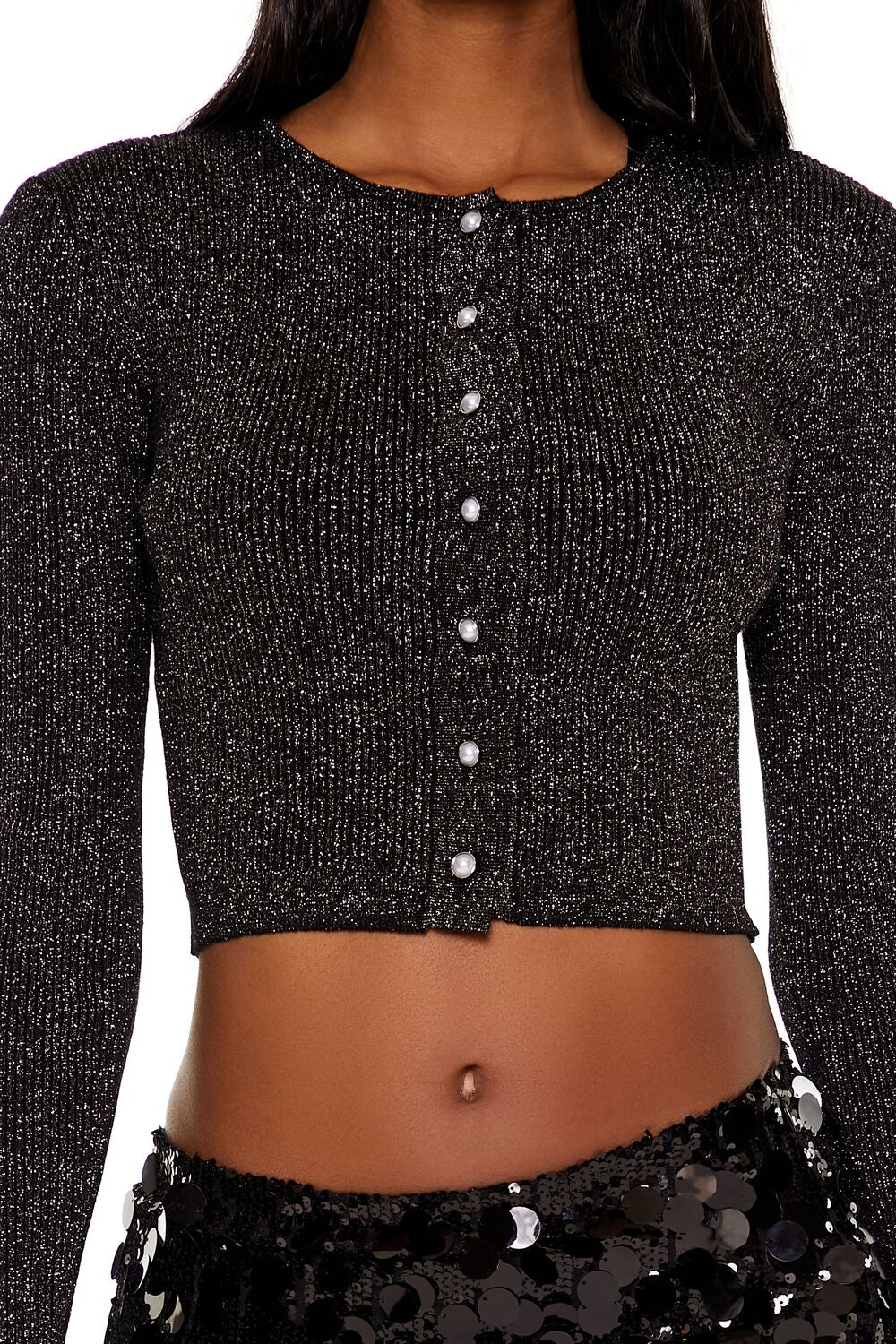  Forever 21 Faux Pearl Glitter Cardigan Sweater - black - Bonton