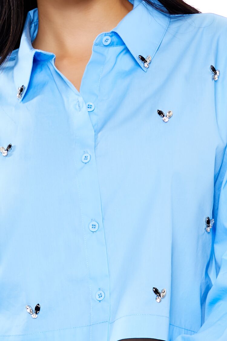  Forever 21 Cropped Faux Gem Poplin Shirt - blue - Bonton