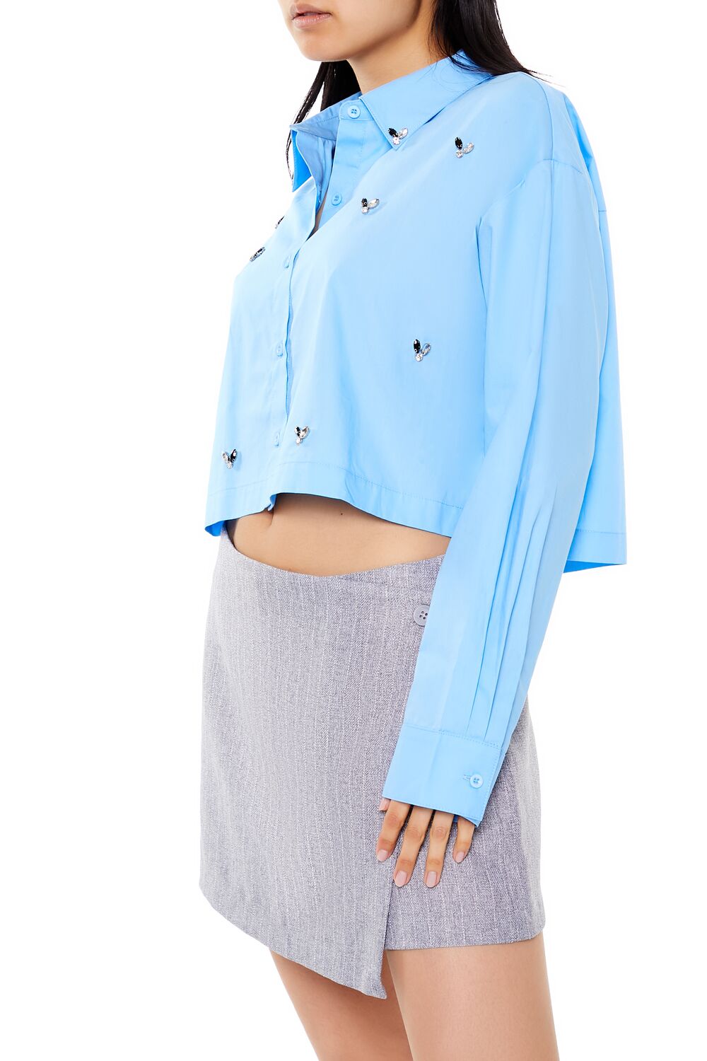  Forever 21 Cropped Faux Gem Poplin Shirt - blue - Bonton