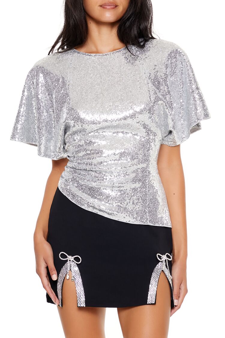  Forever 21 Sequin Butterfly-Sleeve Top - silver - Bonton