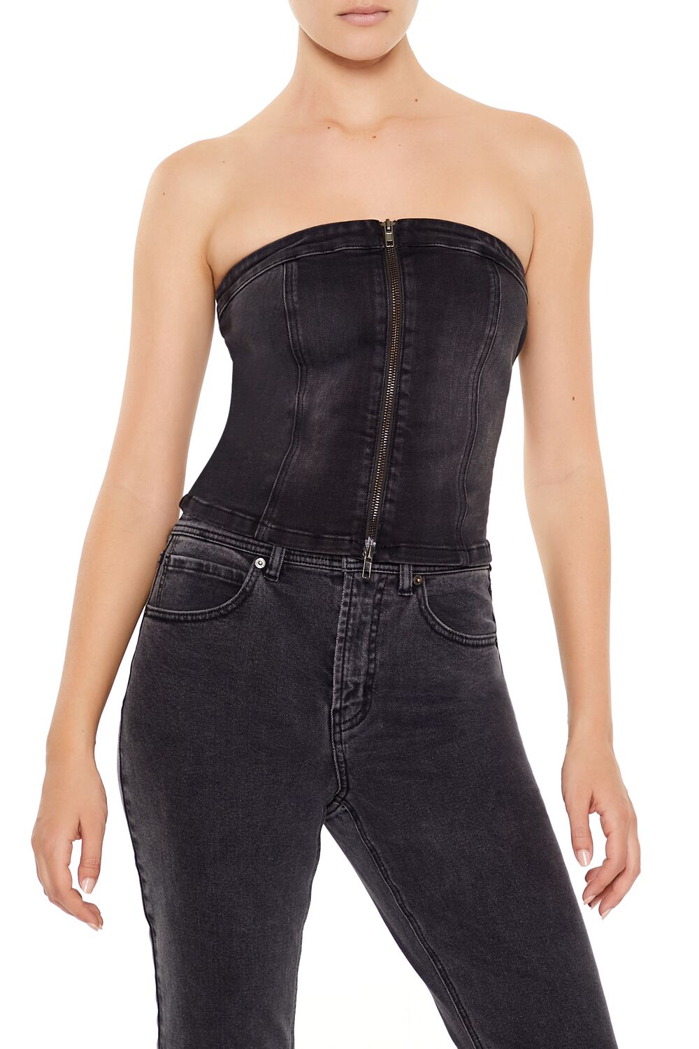  Forever 21 Denim Zip-Front Cropped Tube Top - black - Bonton