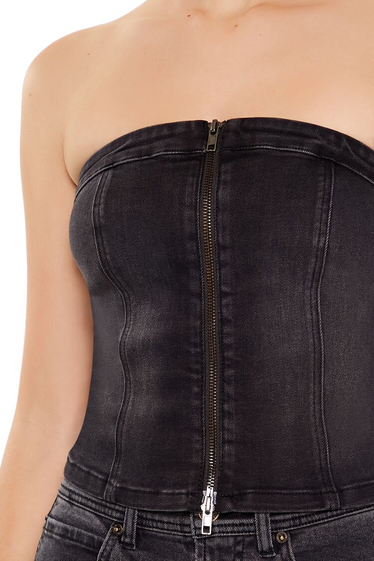  Forever 21 Denim Zip-Front Cropped Tube Top - black - Bonton