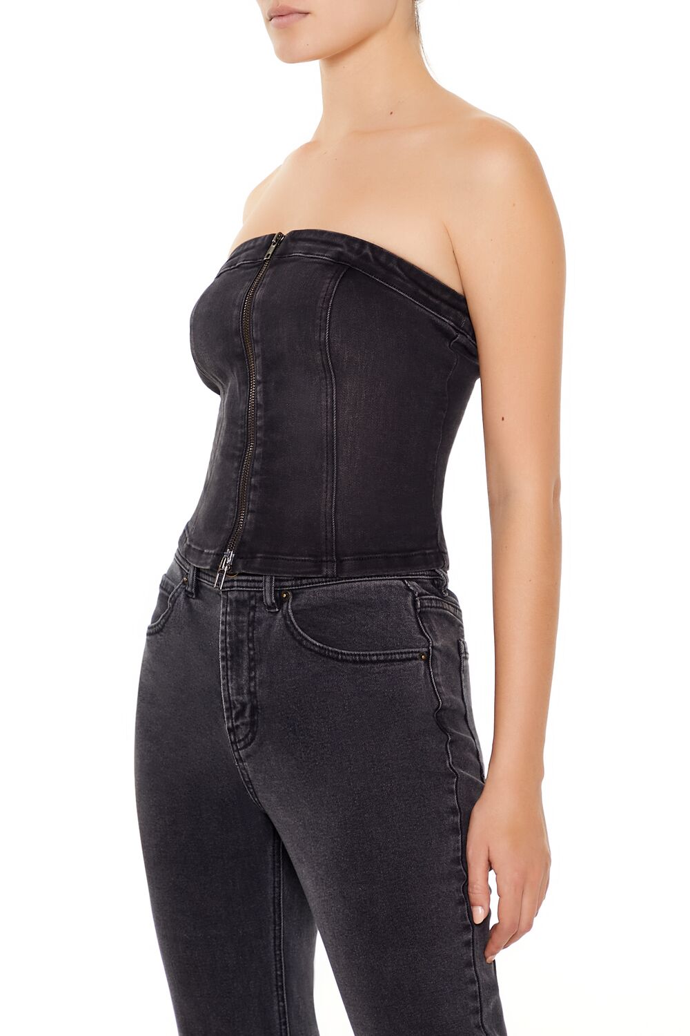  Forever 21 Denim Zip-Front Cropped Tube Top - black - Bonton