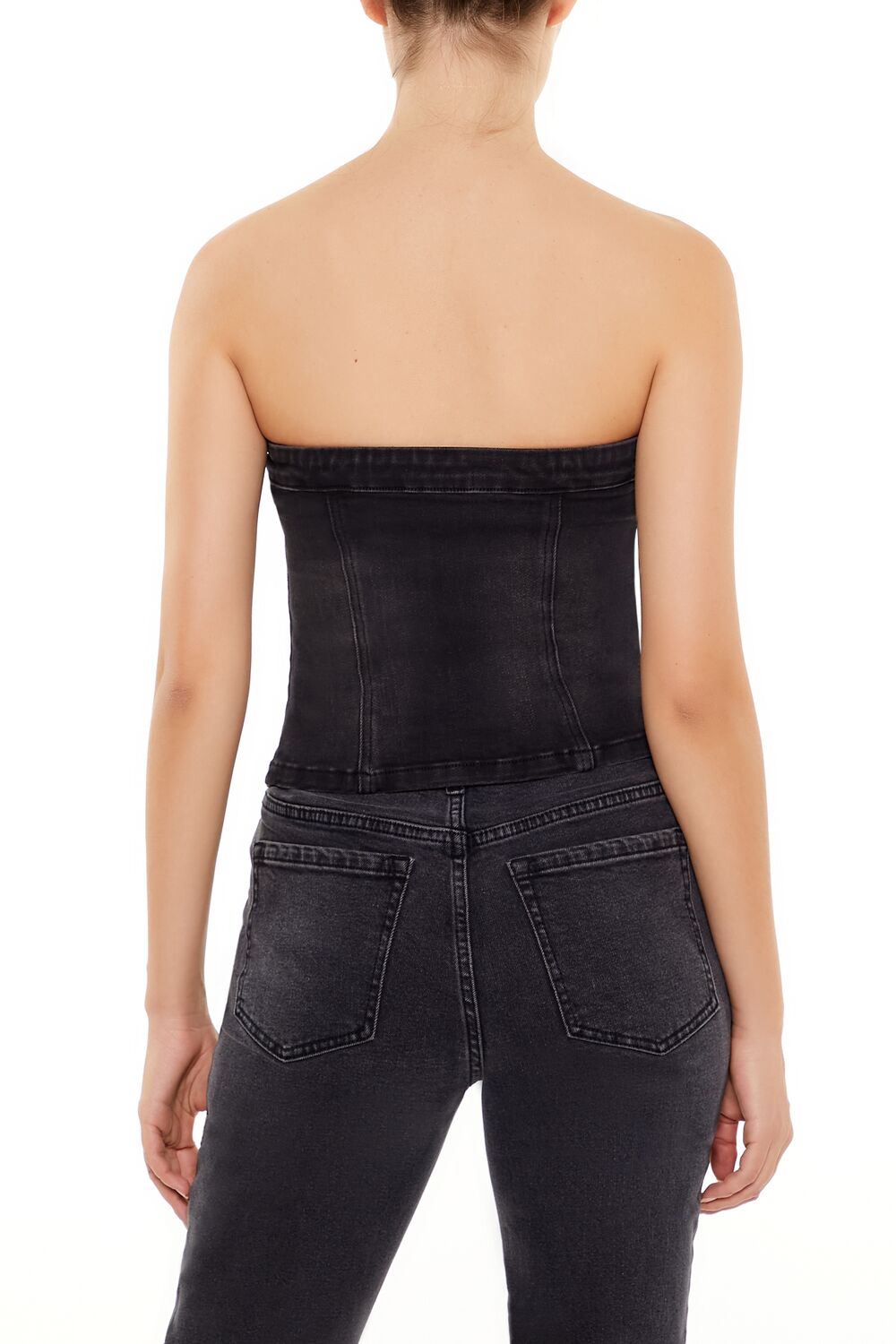  Forever 21 Denim Zip-Front Cropped Tube Top - black - Bonton