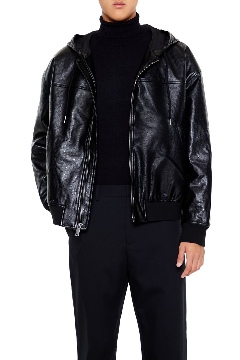  Forever 21 Hooded Faux Leather Bomber Jacket - black-swatch - Bonton