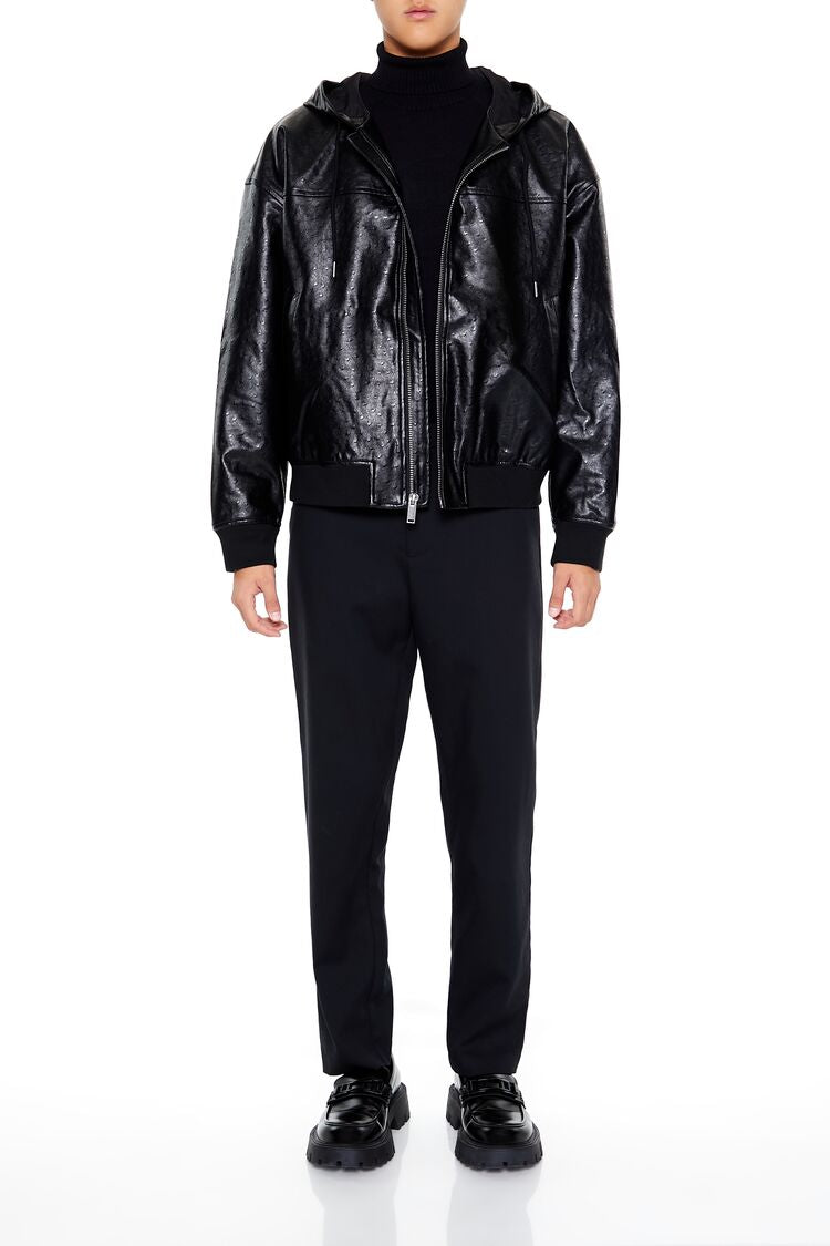  Forever 21 Hooded Faux Leather Bomber Jacket - black-swatch - Bonton