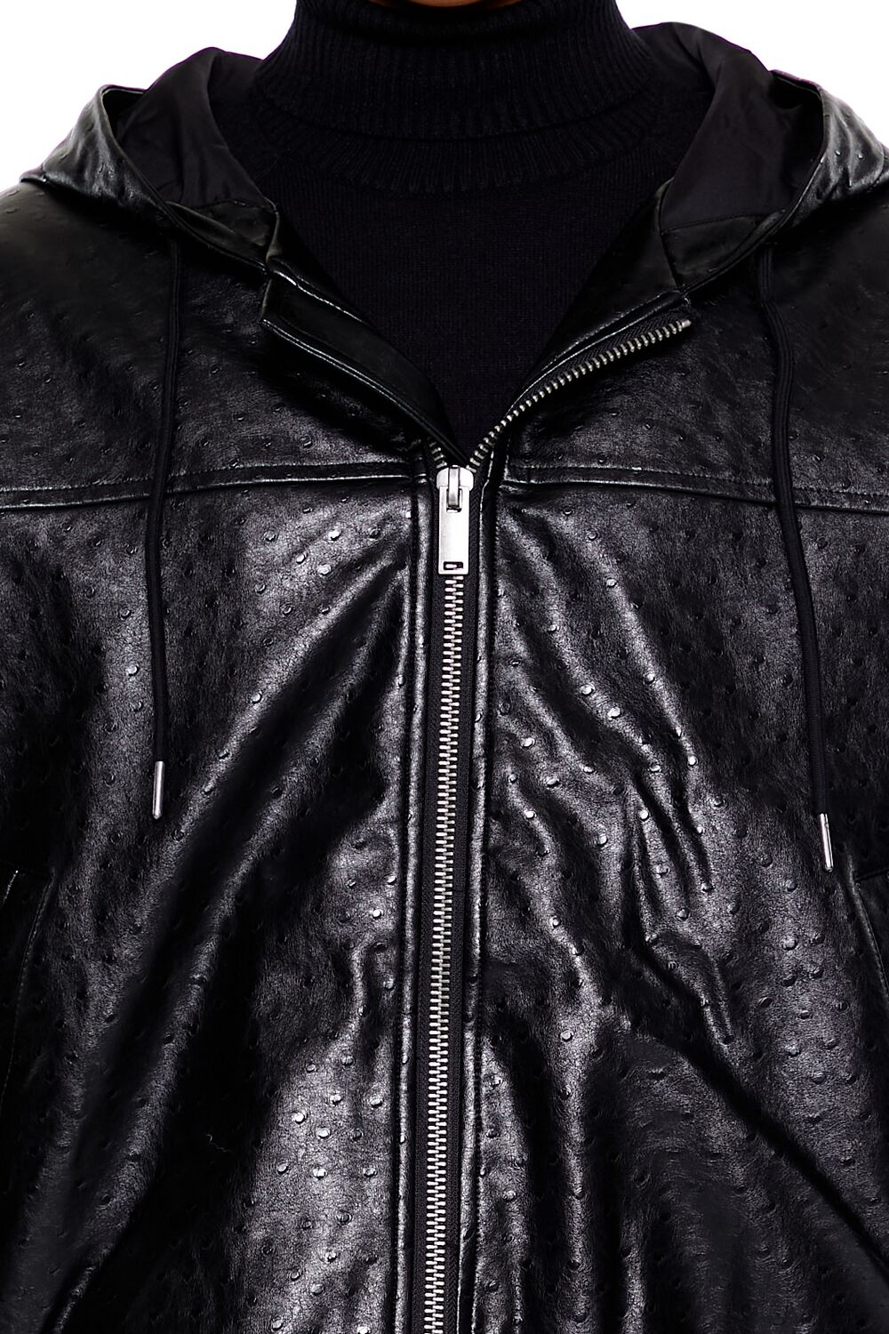  Forever 21 Hooded Faux Leather Bomber Jacket - black-swatch - Bonton