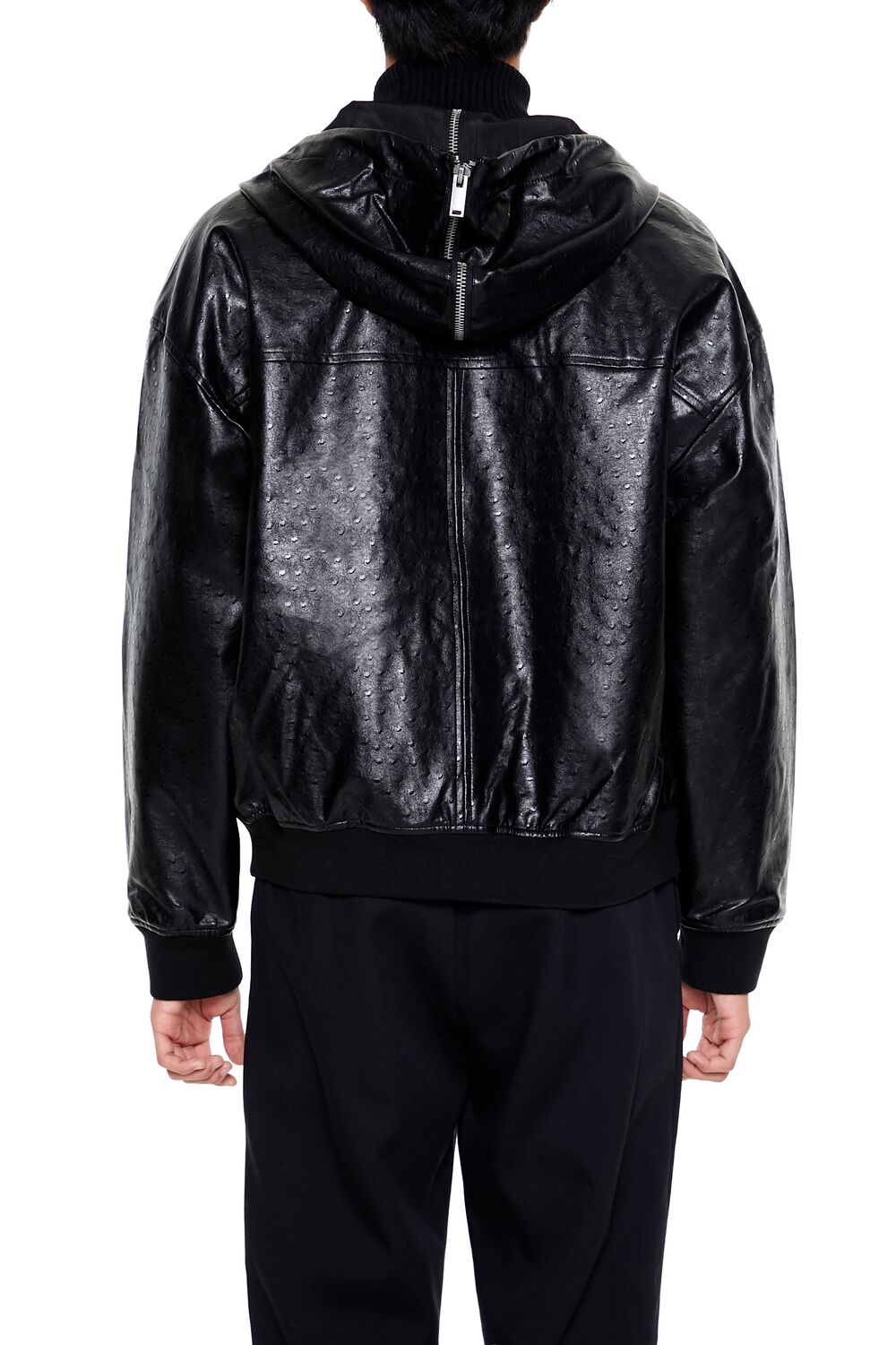  Forever 21 Hooded Faux Leather Bomber Jacket - black-swatch - Bonton