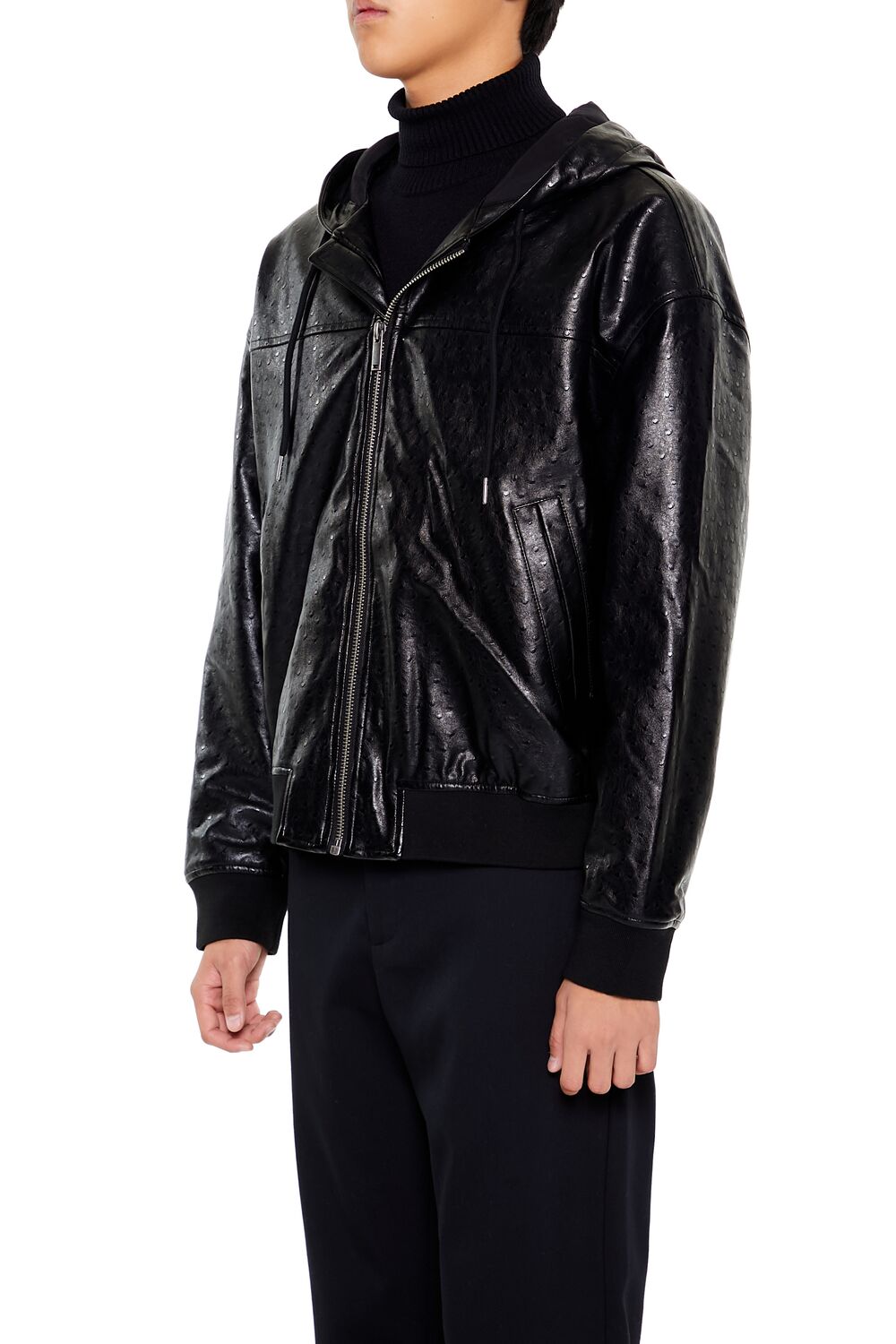  Forever 21 Hooded Faux Leather Bomber Jacket - black-swatch - Bonton