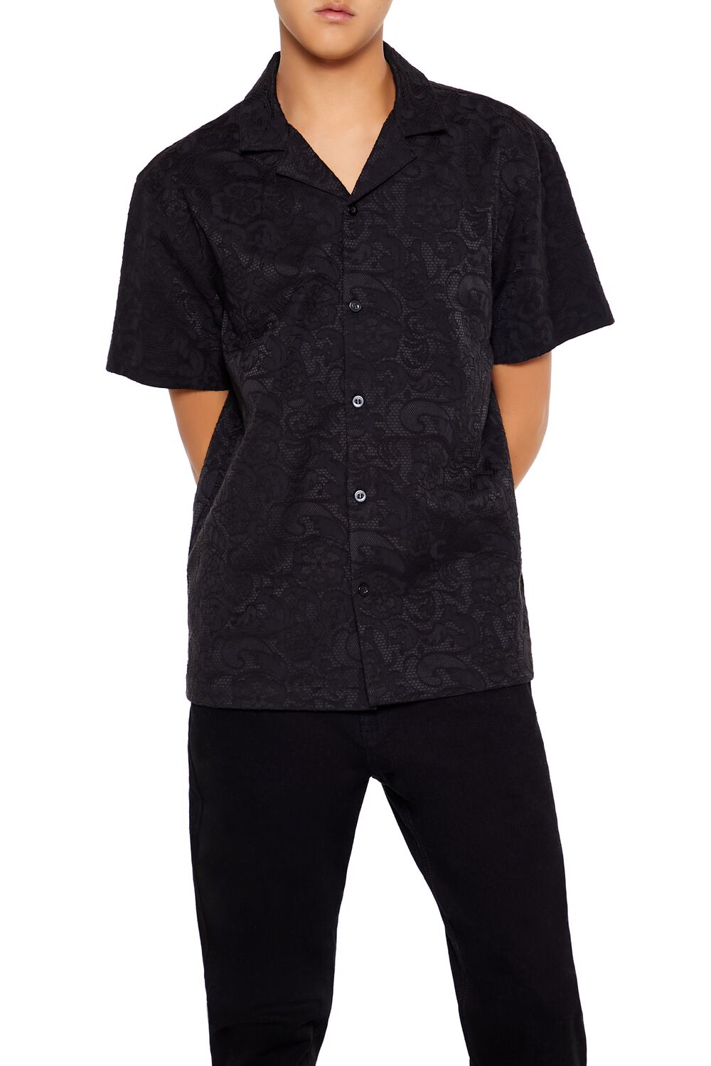  Forever 21 Textured Floral Lace Shirt - black - Bonton