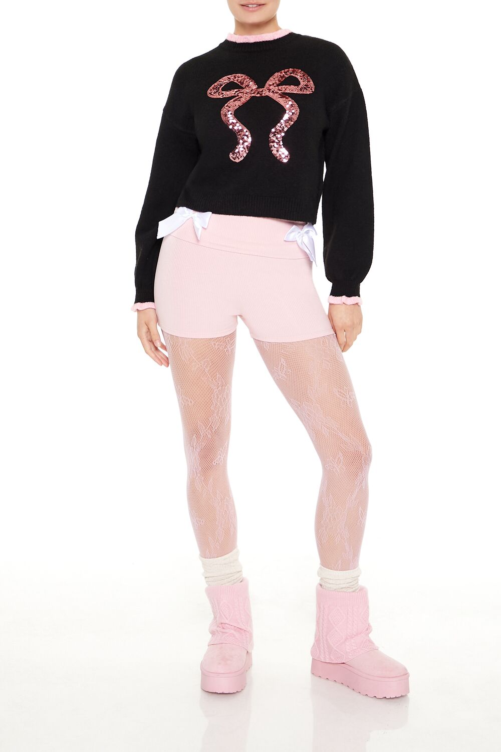  Forever 21 Sequin Bow Mock Neck Sweater - black pink - Bonton