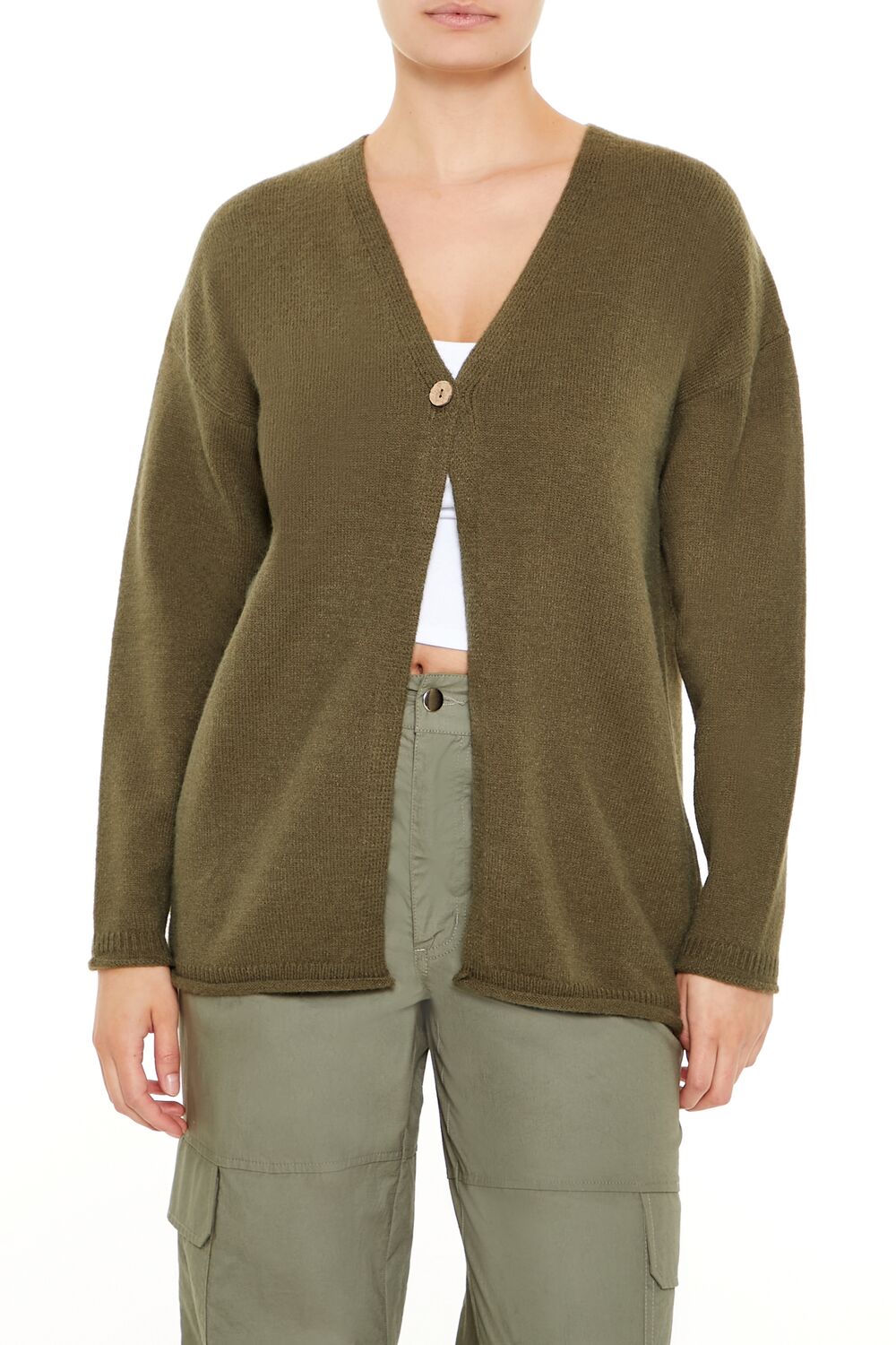  Forever 21 Split-Hem Cardigan Sweater - olivine - Bonton