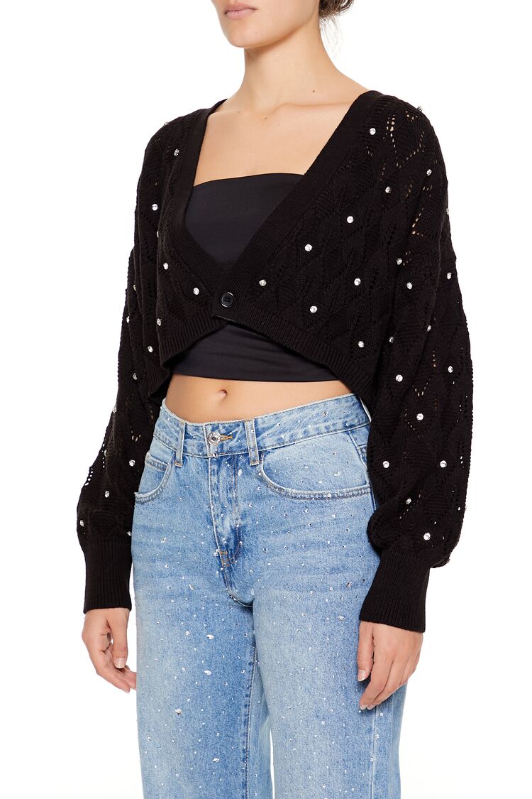  Forever 21 Faux Gem Cropped Cardigan Sweater - black - Bonton