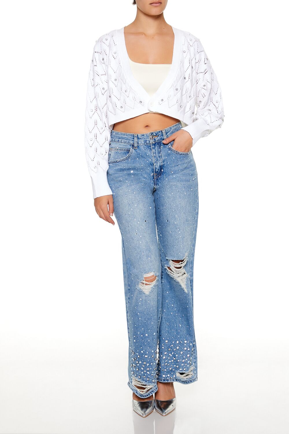  Forever 21 Faux Gem Cropped Cardigan Sweater - black - Bonton
