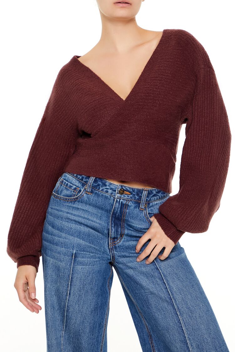  Forever 21 Peasant-Sleeve Surplice Sweater - merlot - Bonton