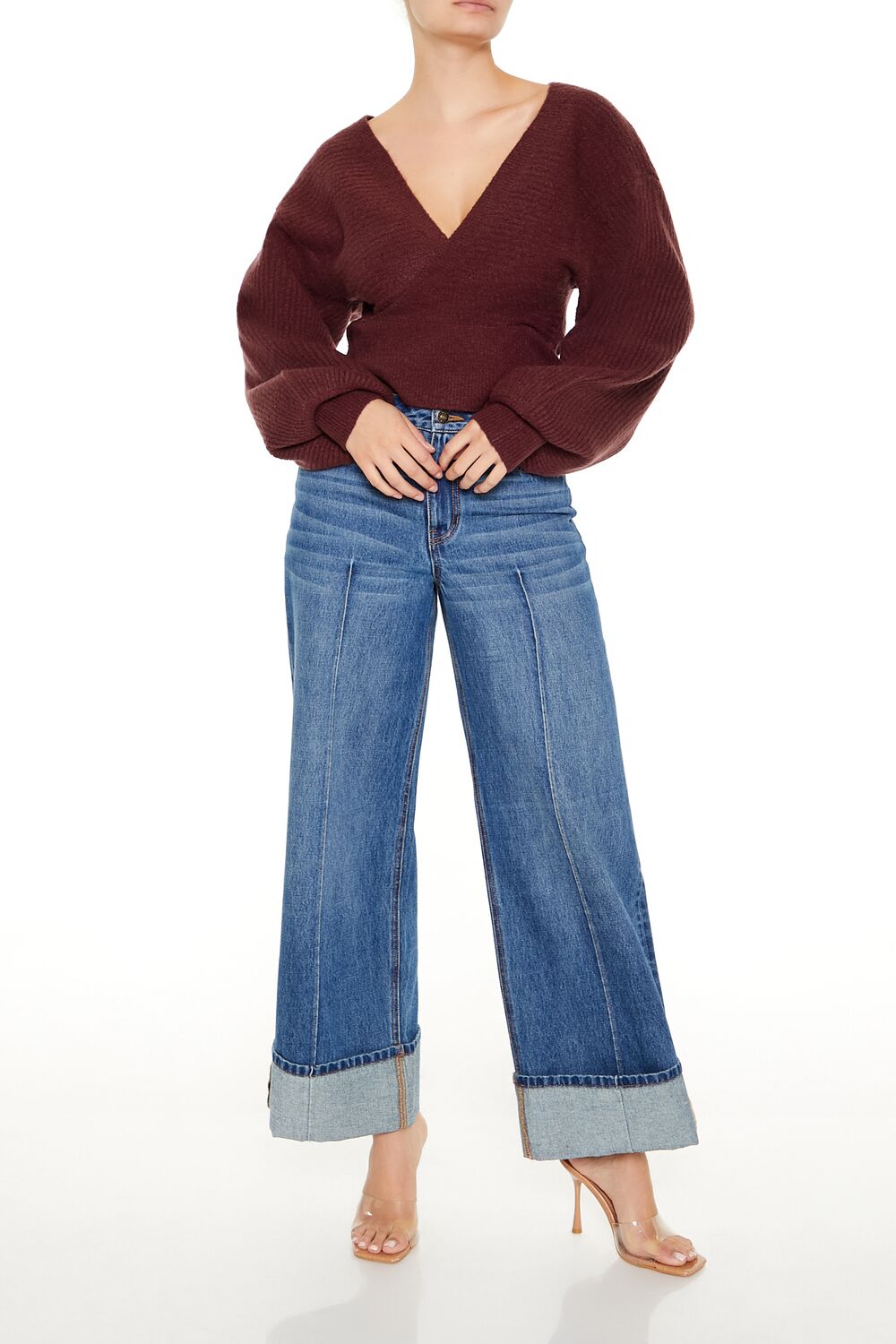 Forever 21 Peasant-Sleeve Surplice Sweater - merlot - Bonton