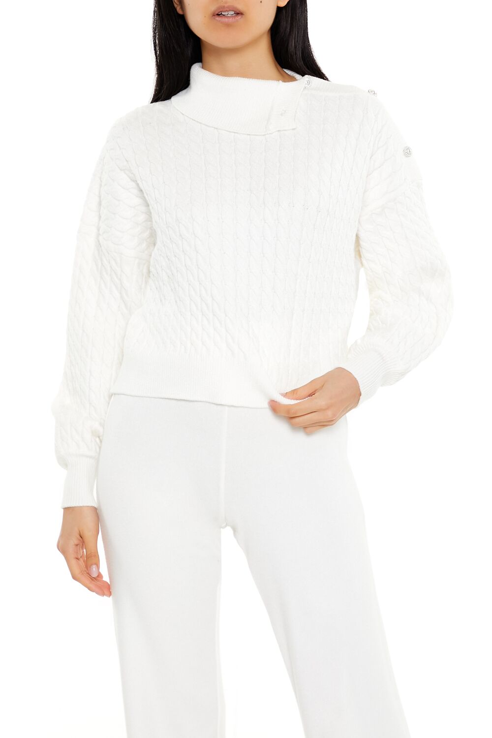  Forever 21 Faux Pearl Cable Knit Sweater - egret - Bonton