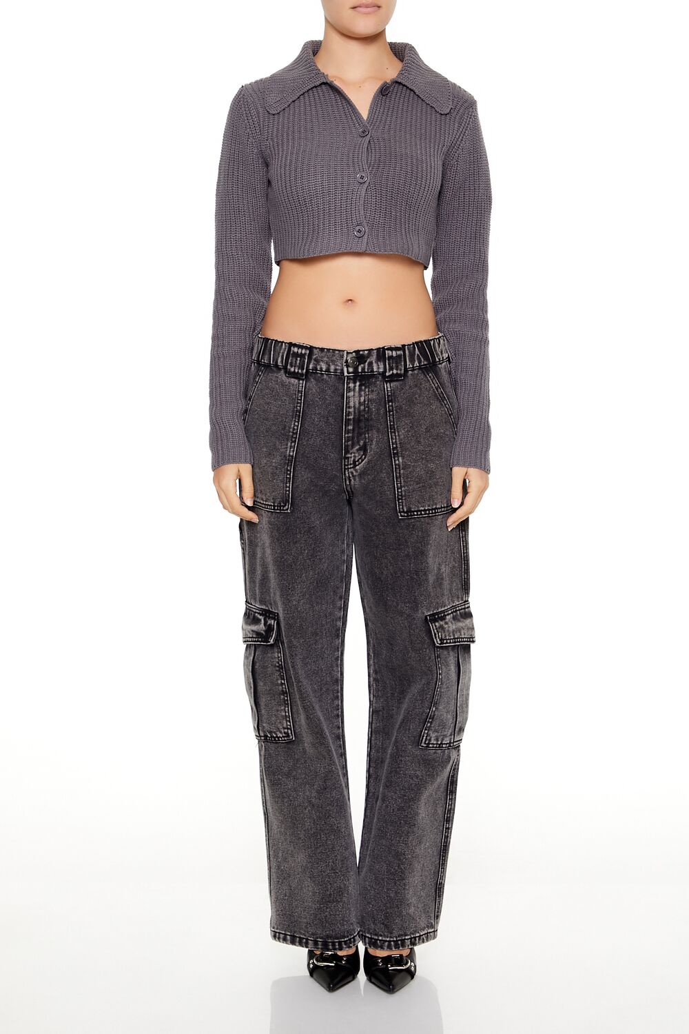  Forever 21 Cropped Rib-Knit Cardigan Sweater - dark grey - Bonton