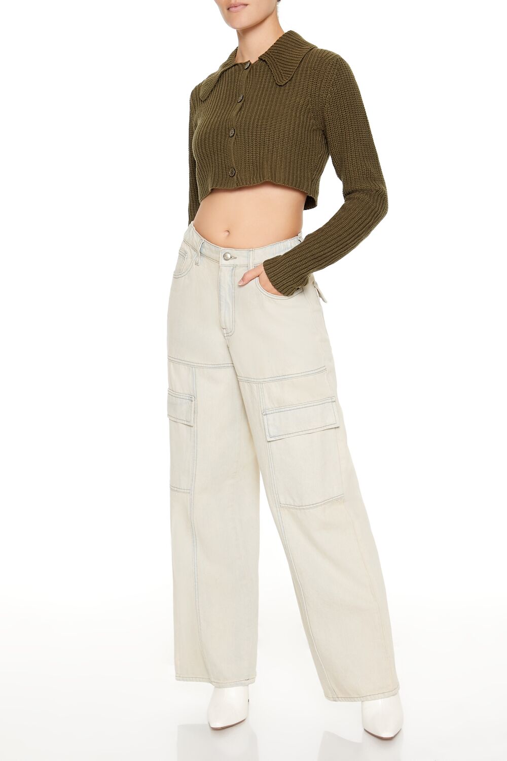  Forever 21 Cropped Rib-Knit Cardigan Sweater - dark grey - Bonton
