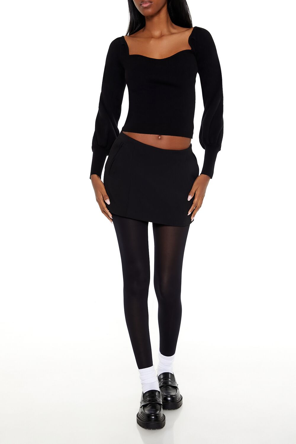 Forever 21 Gigot-Sleeve Sweater-Knit Crop Top - espresso - Bonton