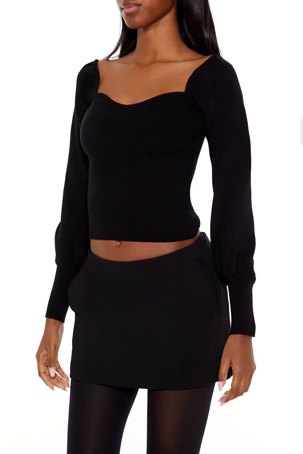  Forever 21 Gigot-Sleeve Sweater-Knit Crop Top - espresso - Bonton