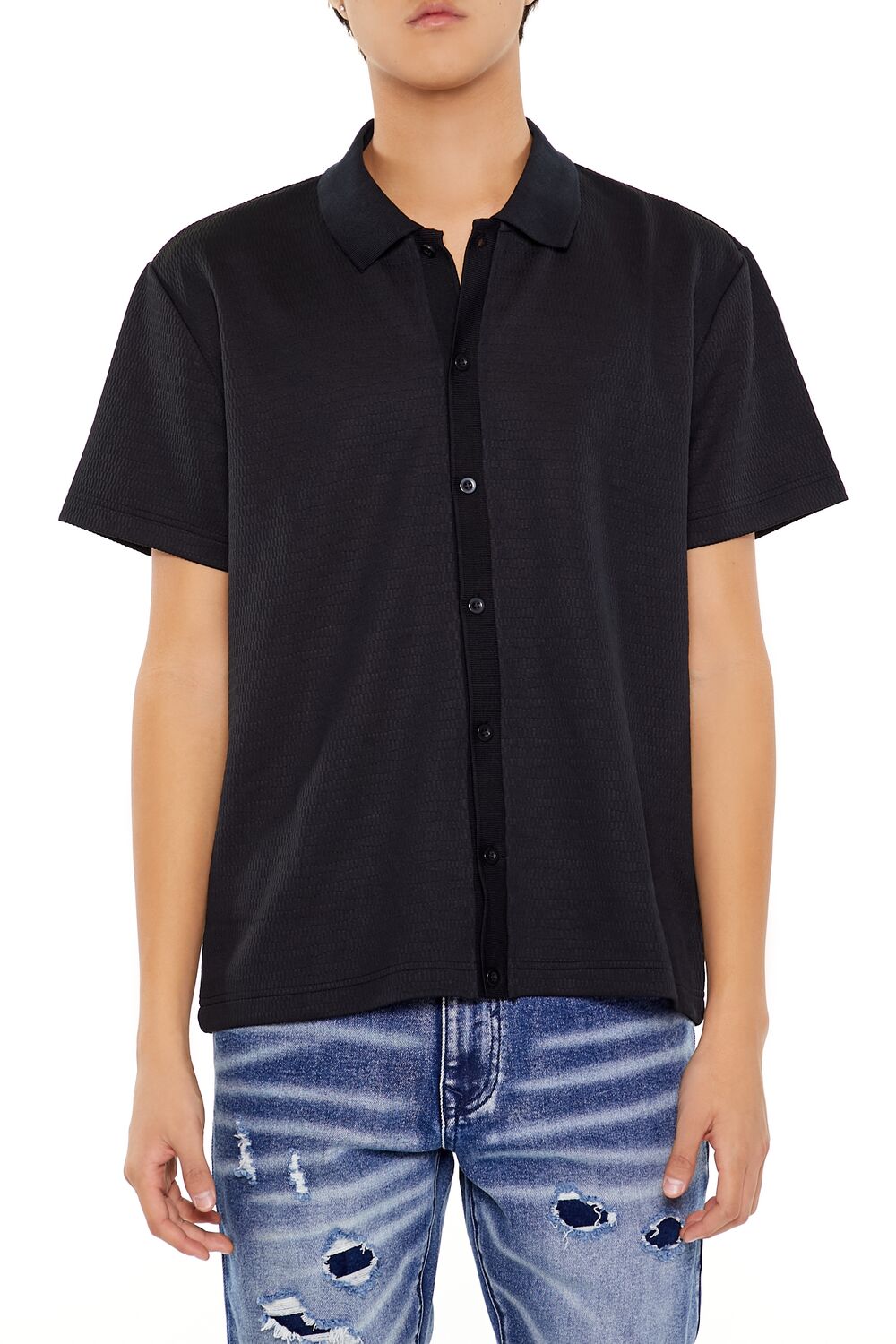  Forever 21 Textured Rib-Knit Button-Front Shirt - black - Bonton
