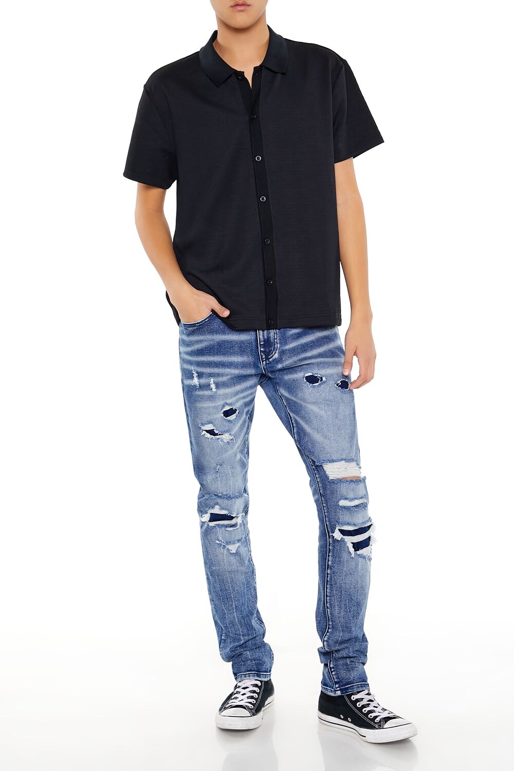  Forever 21 Textured Rib-Knit Button-Front Shirt - black - Bonton