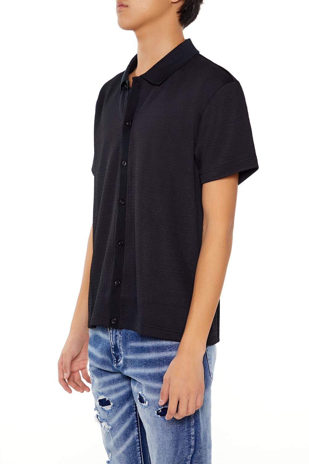  Forever 21 Textured Rib-Knit Button-Front Shirt - black - Bonton