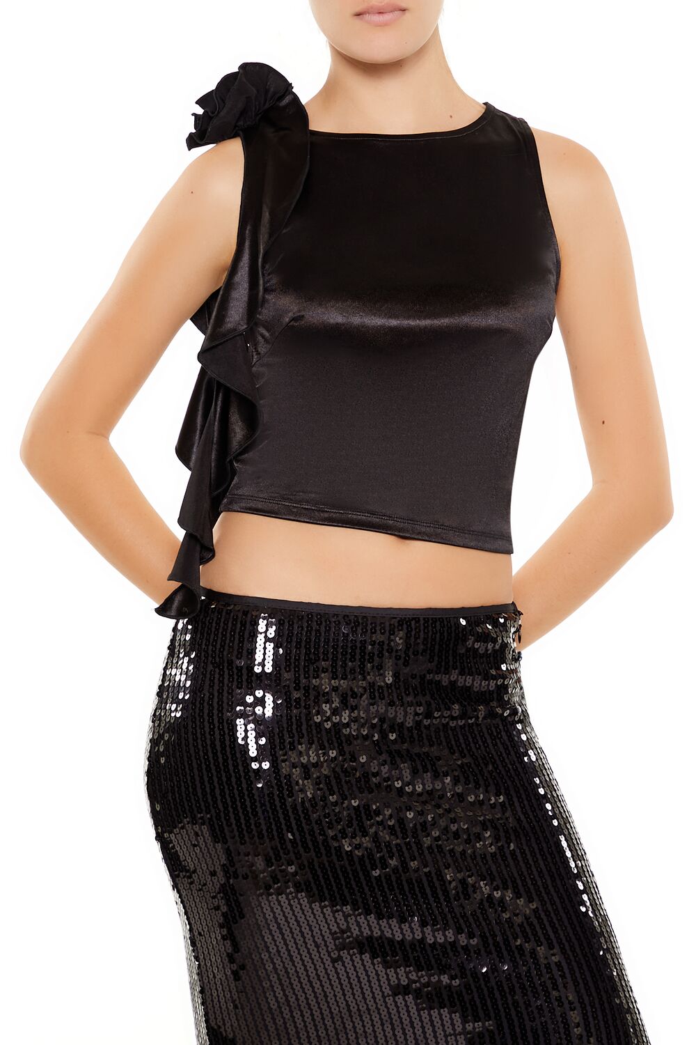  Forever 21 Satin Rosette Sash Crop Top - black - Bonton