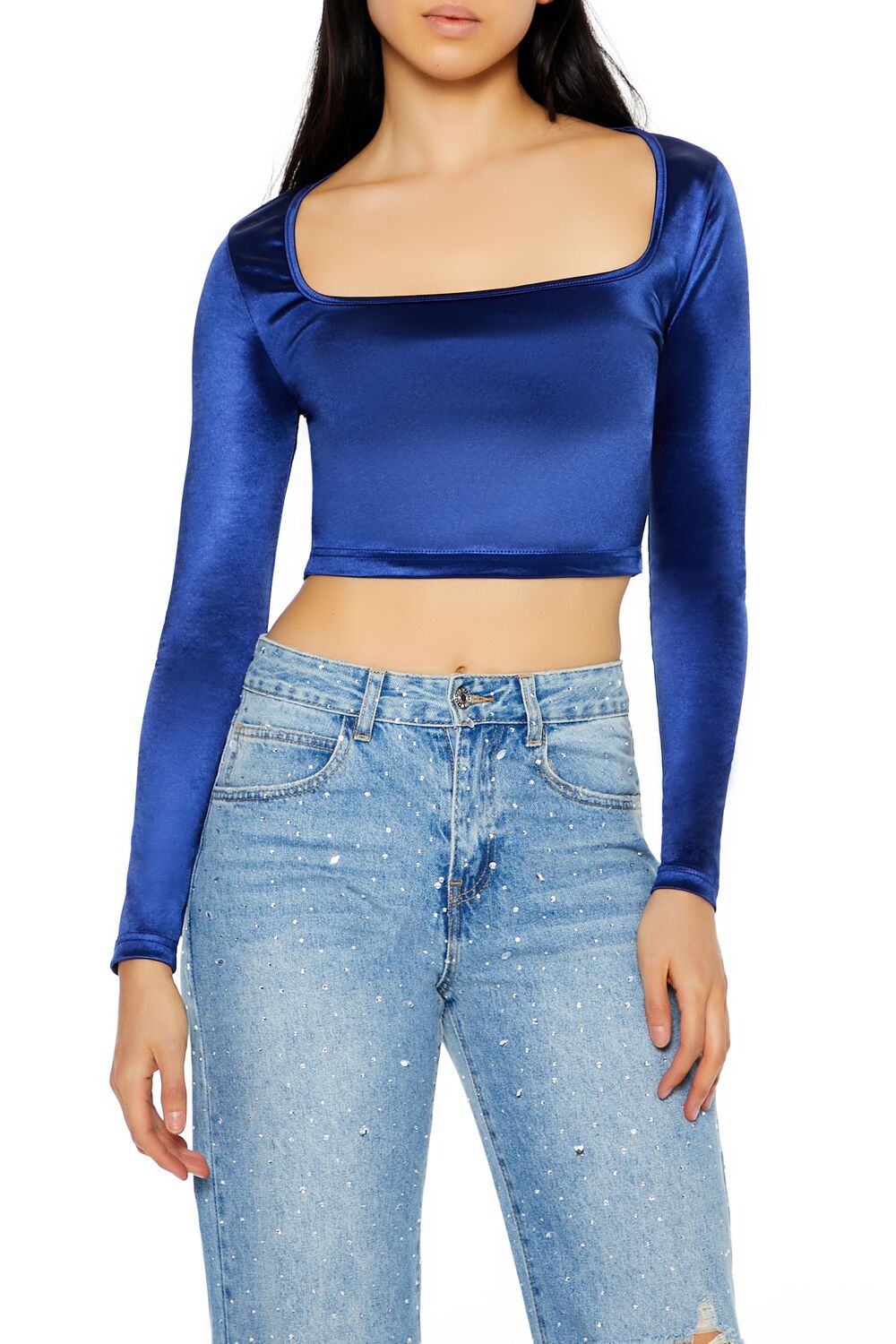  Forever 21 Satin Square-Cut Crop Top - black - Bonton