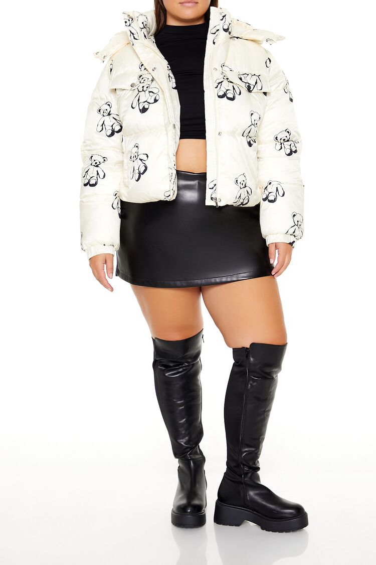  Forever 21 Plus Size Teddy Bear Print Puffer Jacket - cream-multi - Bonton