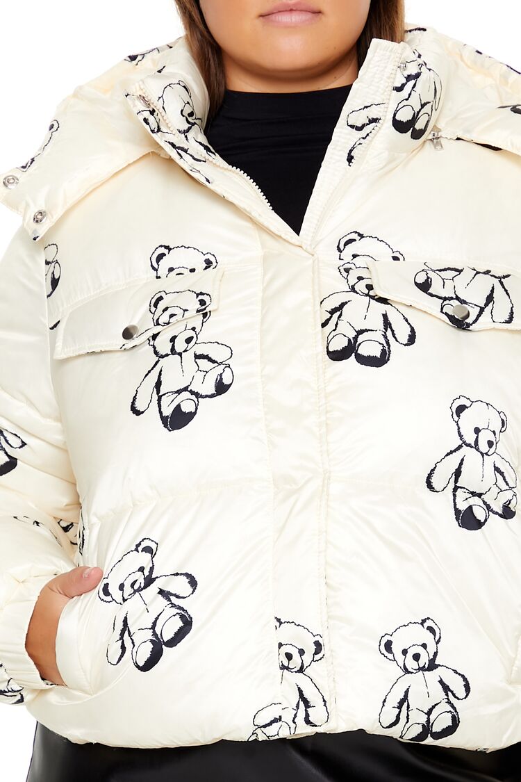  Forever 21 Plus Size Teddy Bear Print Puffer Jacket - cream-multi - Bonton