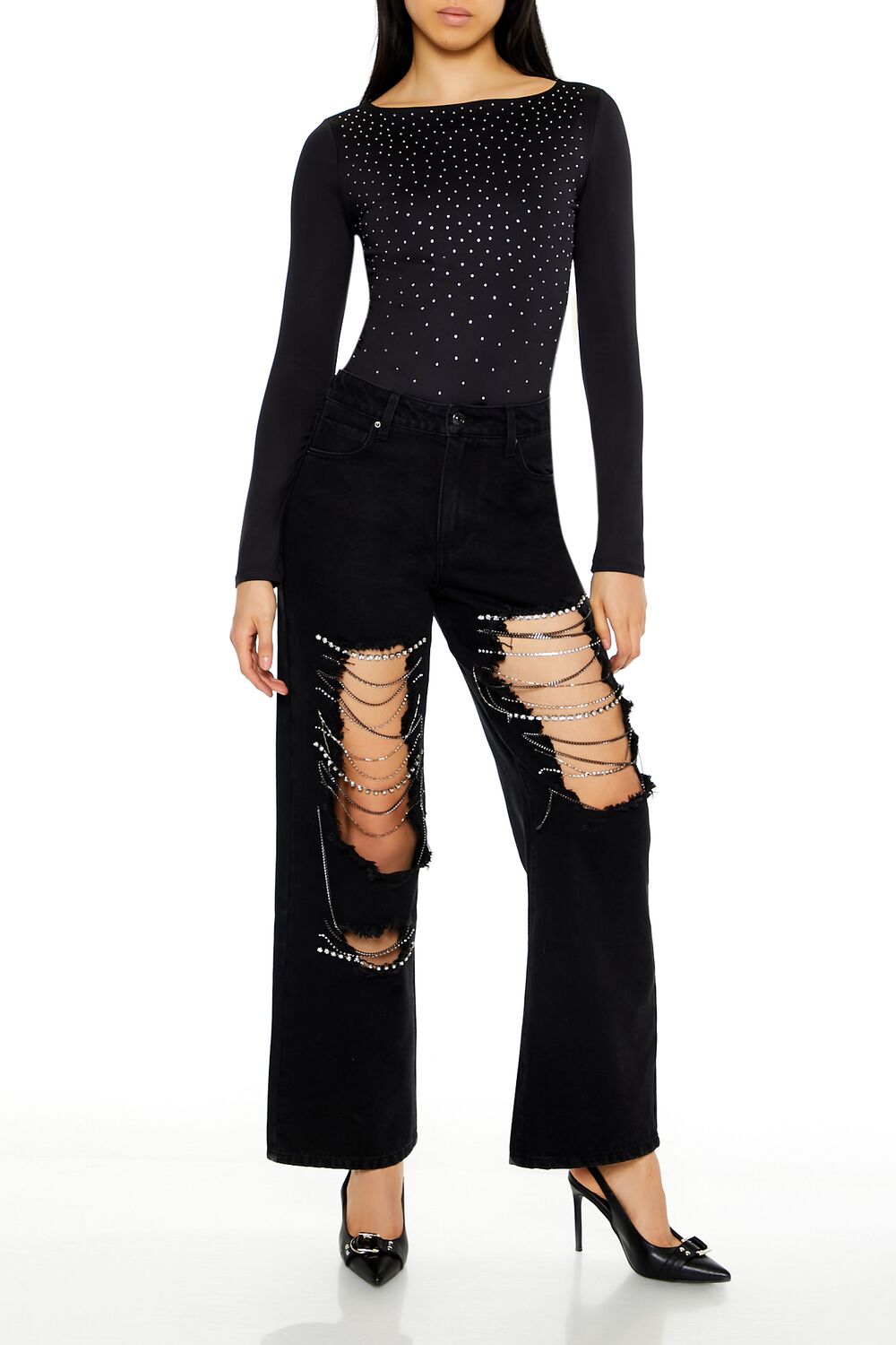  Forever 21 Contour Sculpt Rhinestone Bodysuit - black - Bonton