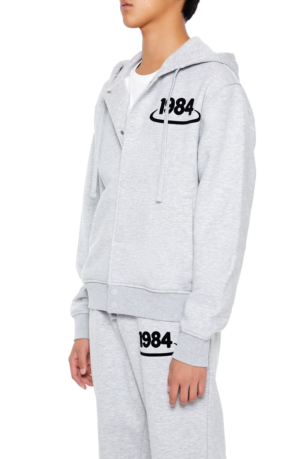  Forever 21 Flocked 1984 Button-Front Hoodie - heather grey black - Bonton