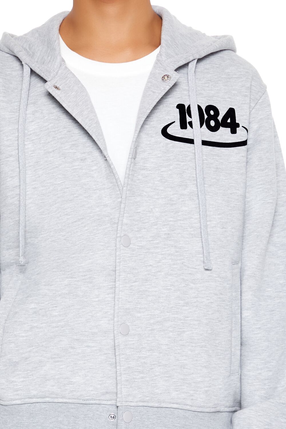  Forever 21 Flocked 1984 Button-Front Hoodie - heather grey black - Bonton