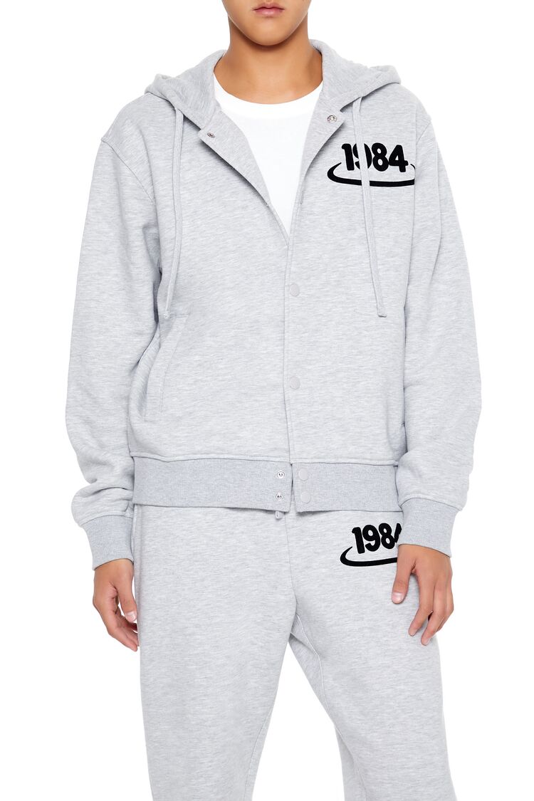  Forever 21 Flocked 1984 Button-Front Hoodie - heather grey black - Bonton