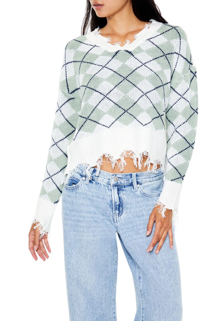  Forever 21 Cropped Argyle Sweater - green multi - Bonton