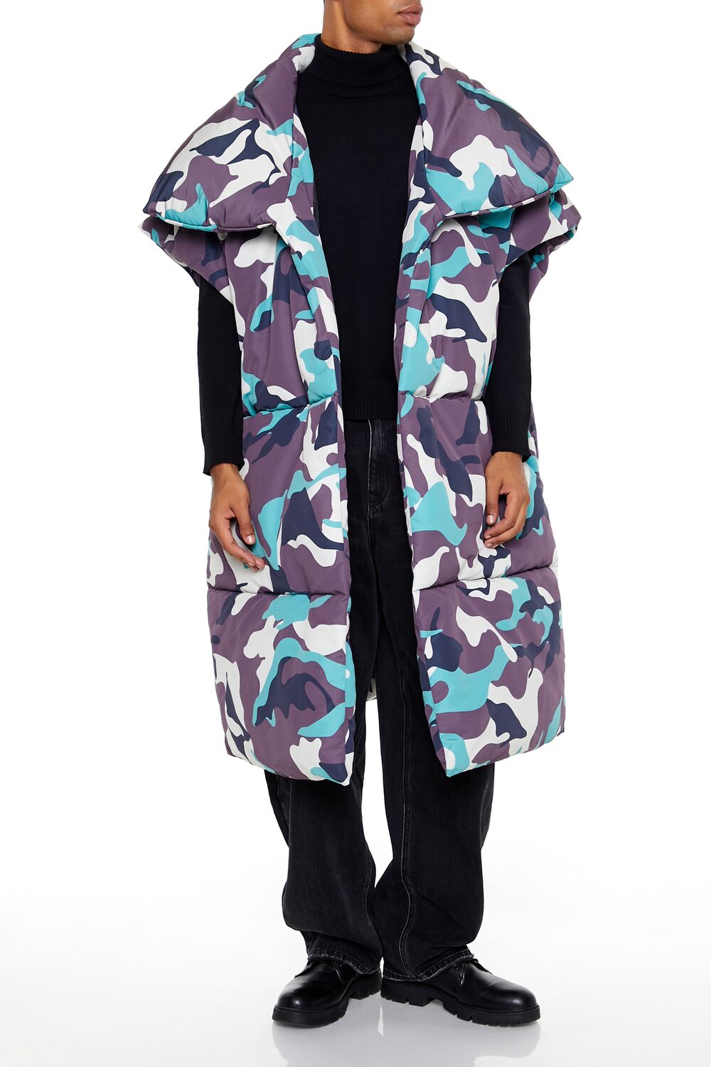  Forever 21 Camo Print Longline Puffer Vest - black-multi - Bonton