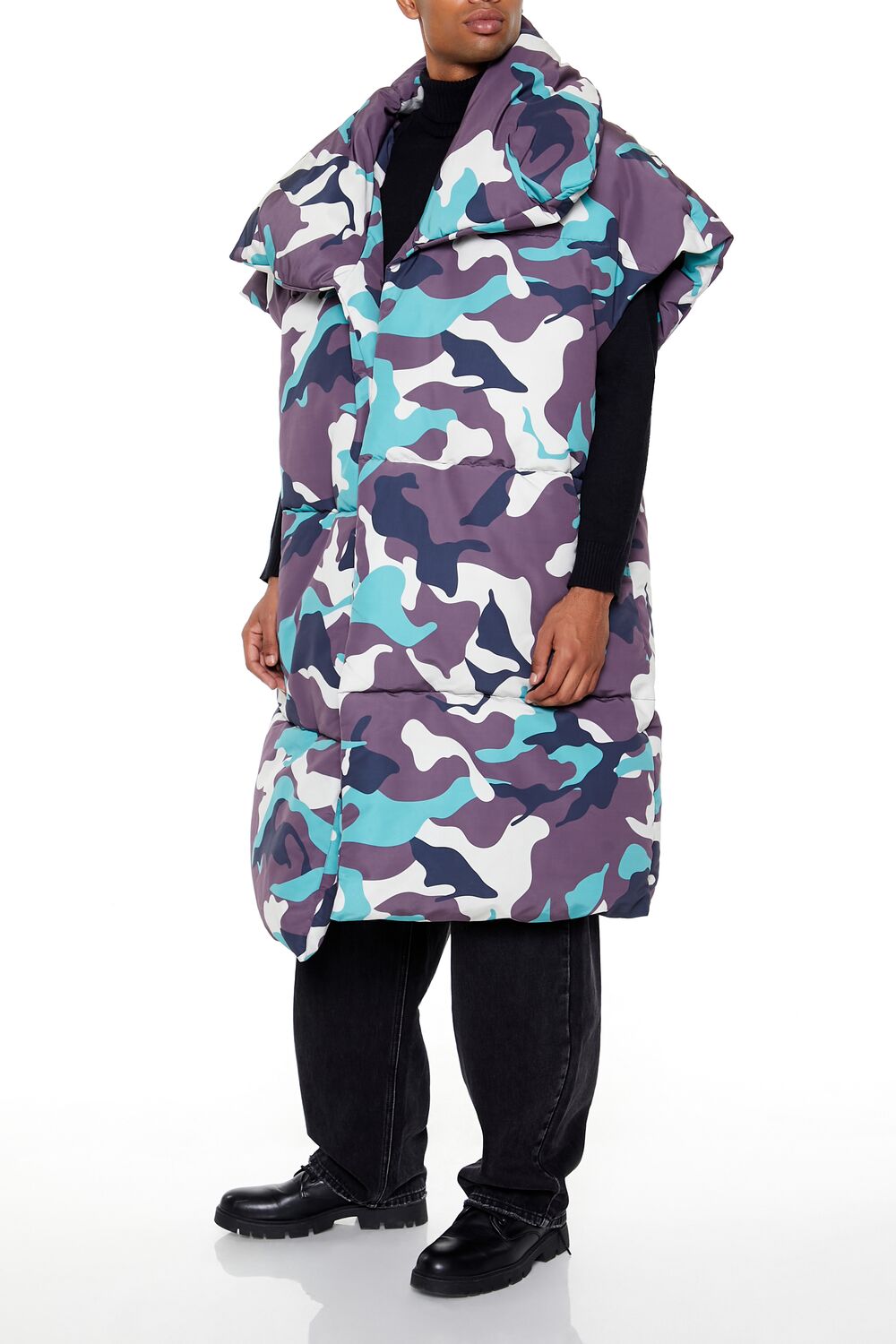  Forever 21 Camo Print Longline Puffer Vest - black-multi - Bonton