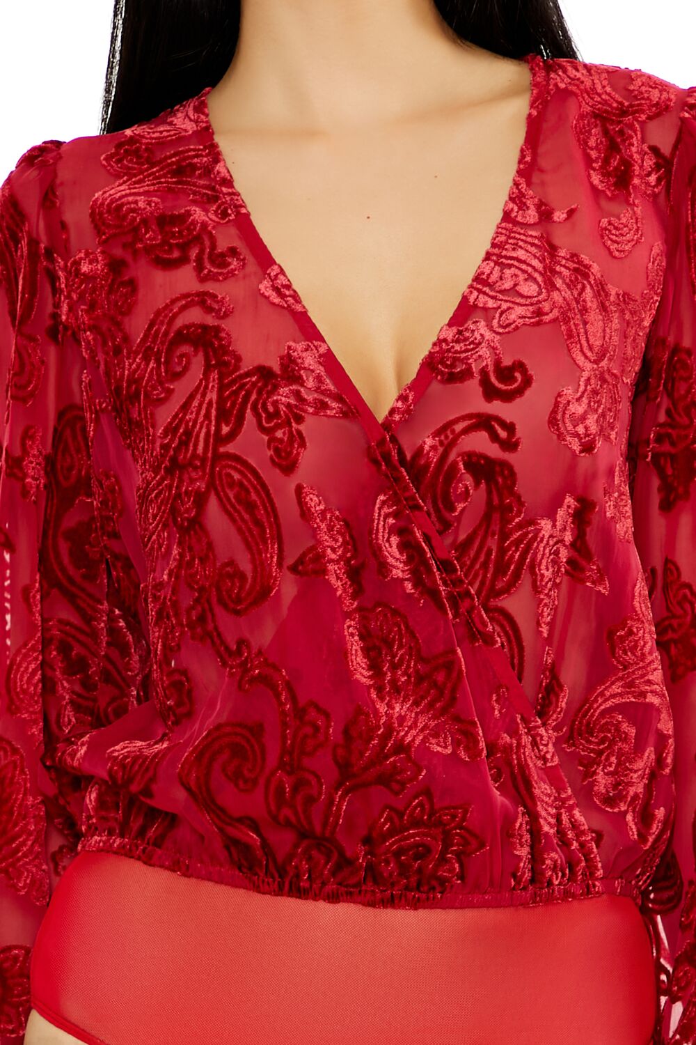  Forever 21 Flocked Paisley Surplice Bodysuit - dark red - Bonton