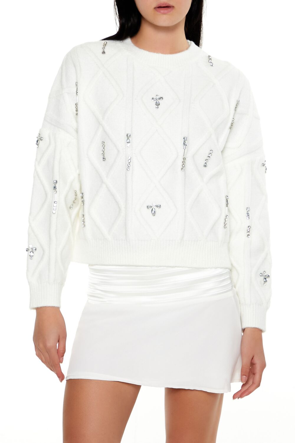  Forever 21 Marled Faux Gem Sweater - white - Bonton