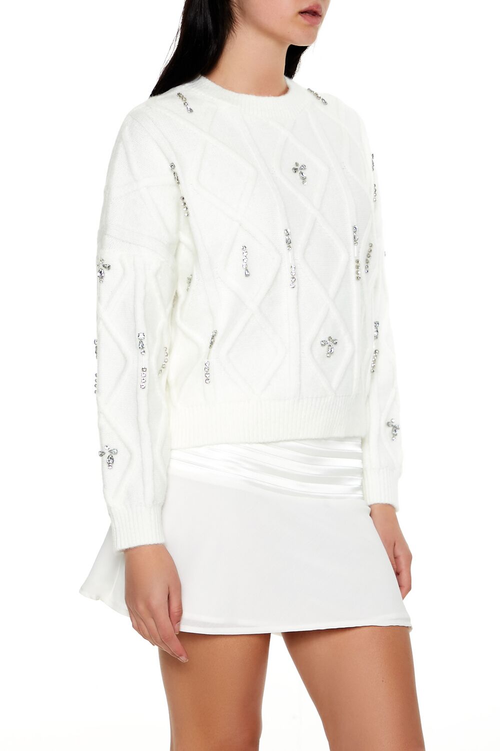  Forever 21 Marled Faux Gem Sweater - white - Bonton