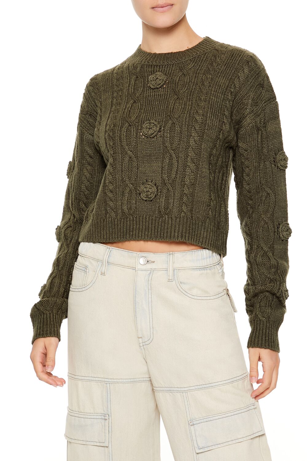  Forever 21 Rosette Cable Knit Sweater - egret - Bonton
